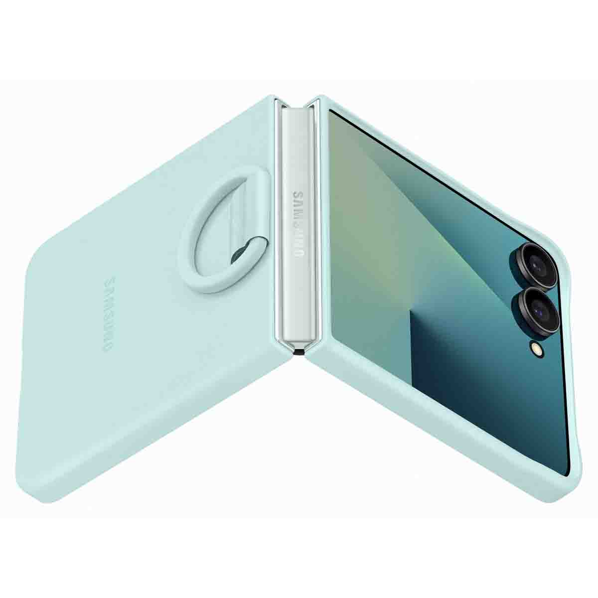 Jasnoniebieskie etui na telefon jest otwarte. Widoczne jest logo Samsung.