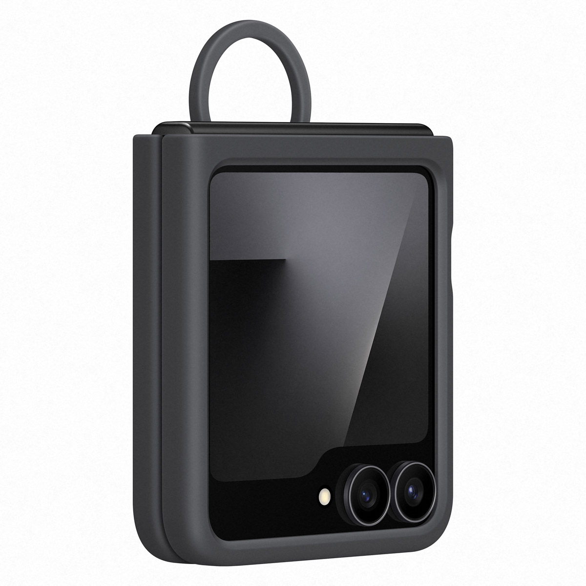 Ciemnoszare etui na telefon, zamknięte, z uchwytem pętelkowym.