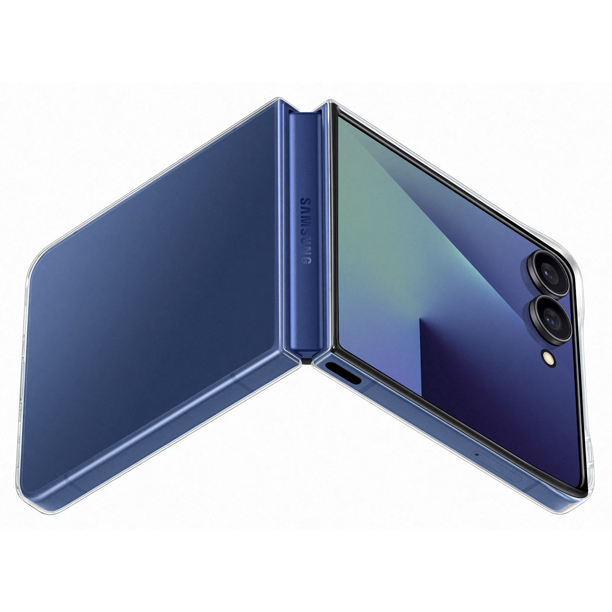 Teléfono azul con funda transparente abierto. El dispositivo tiene una cámara lateral.