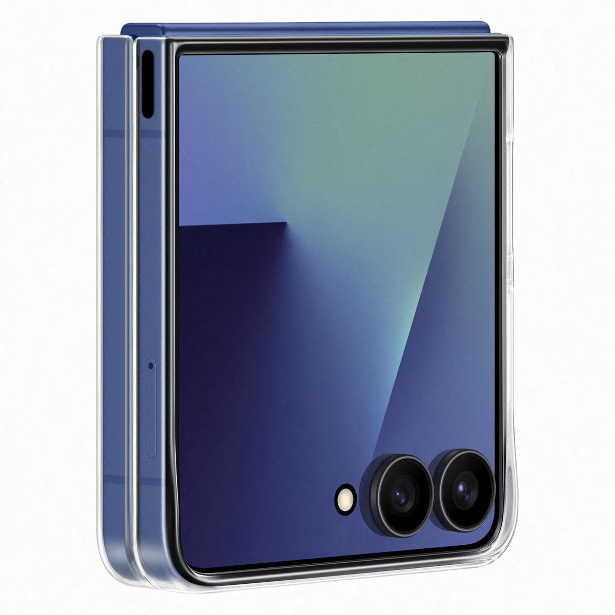 Teléfono plegable con funda transparente, cerrado. Teléfono azul con frontal de cristal.
