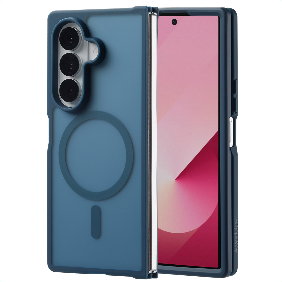 Een telefoonhoesje met camera's en een cirkel op de achterkant. Het zit op een opvouwbare telefoon.