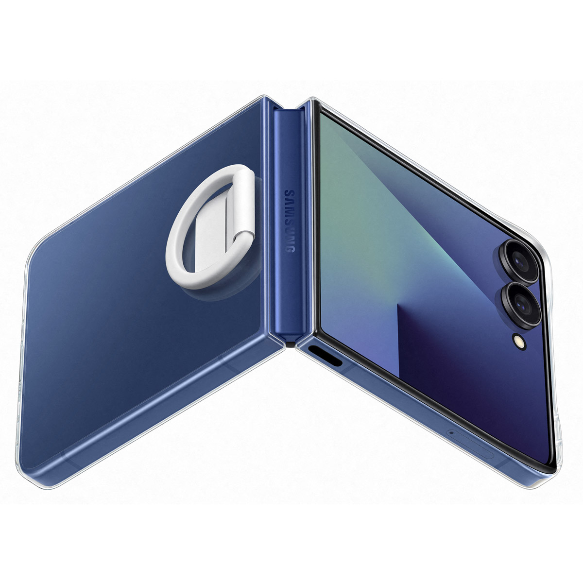 Niebieski telefon z przezroczystym etui i otwartym uchwytem na pierścień.