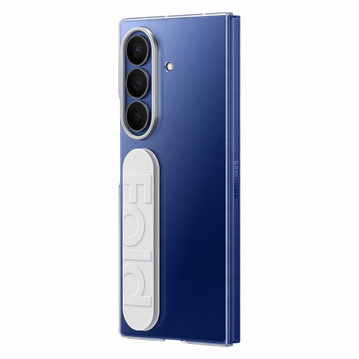Teléfono azul con funda transparente abierta y soporte blanco en la parte trasera.