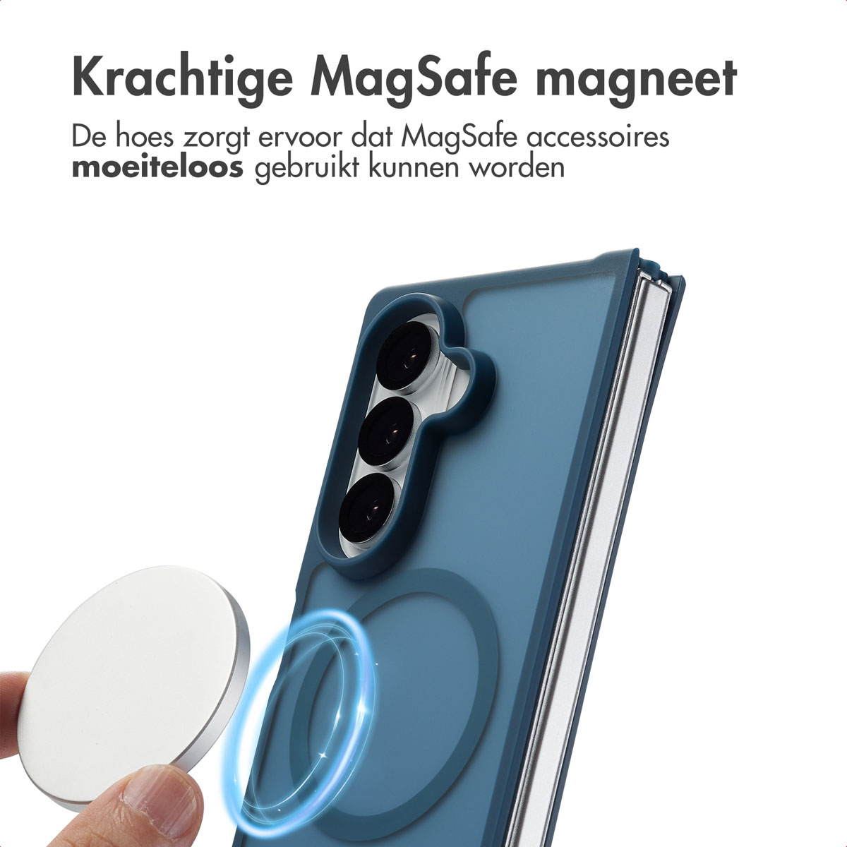 Close-up van een blauwe telefoonhoes. Magnetische accessoires. Tekst op de afbeelding. Witte cirkel.