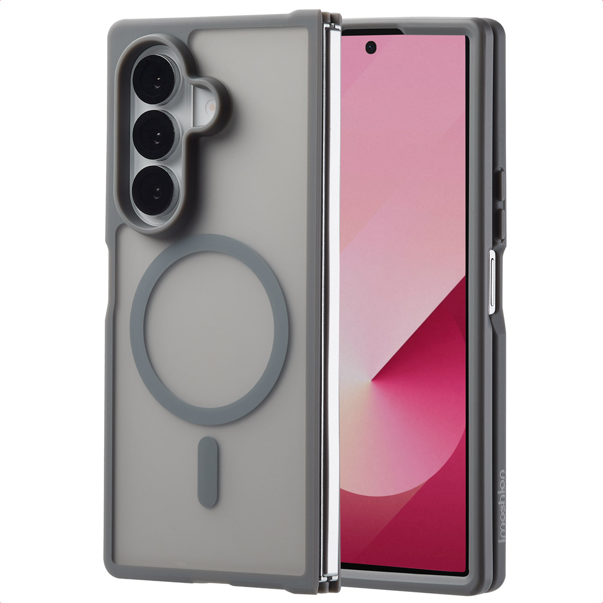 Grijze telefoonhoes met een witte ring. Geopende telefoon. Tekst op de afbeelding. Telefoonhoes op de achtergrond.
