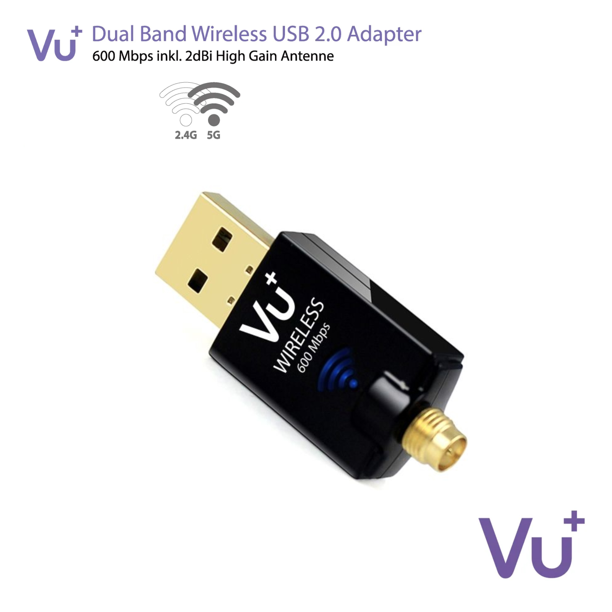 Un adattatore USB nero con connettore dorato e antenna nera. Logo 'Vu+'.