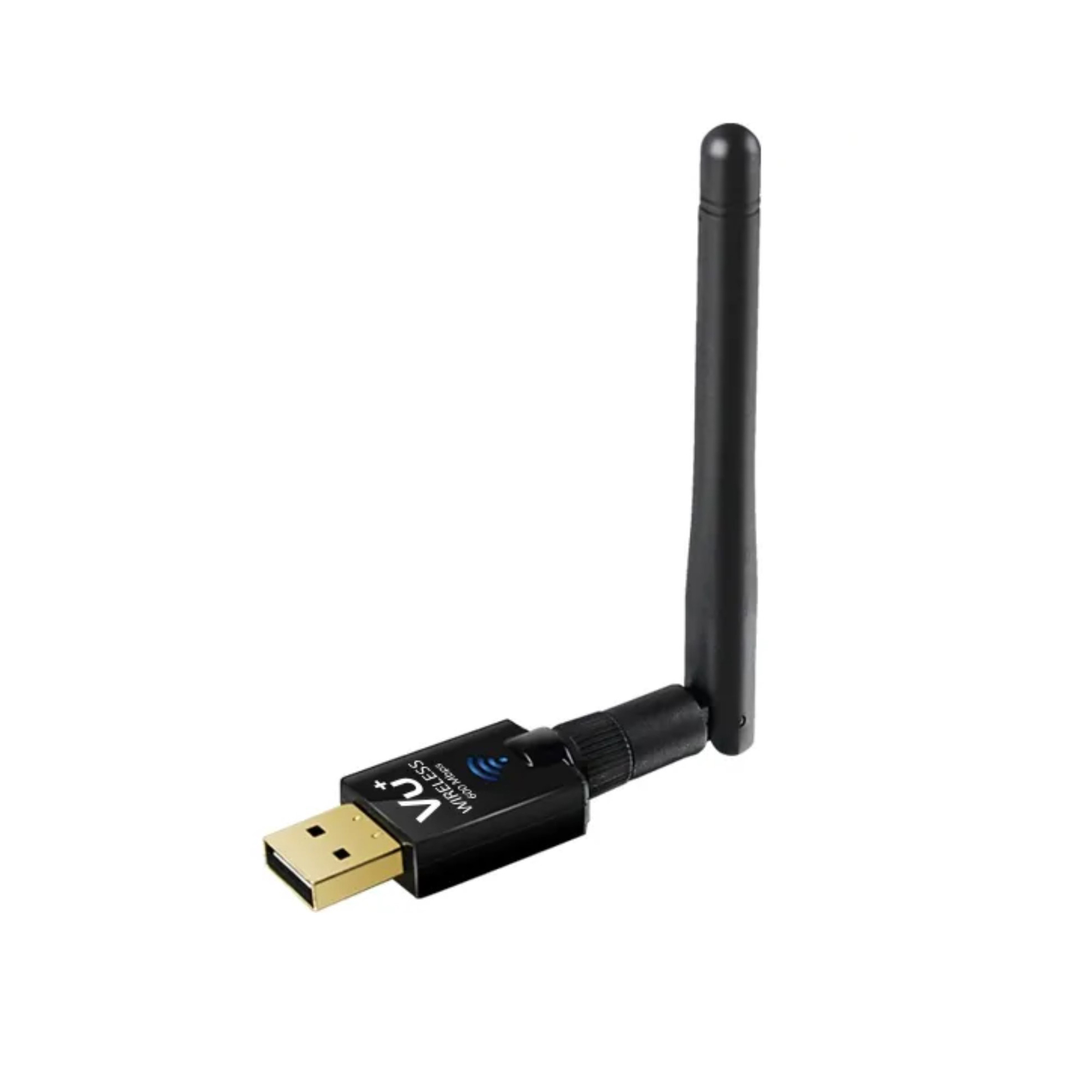 Adattatore USB nero con antenna nera. Logo 'Vu+' sulla parte USB.
