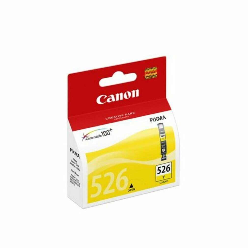 Sarı Canon mürekkep kartuşu kutusu. 'Canon', '526' ve 'PIXMA' etiketleri var.
