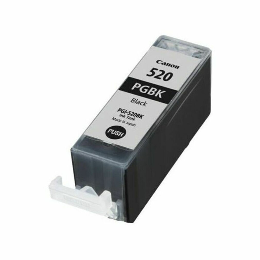 Een zwarte Canon inktcartridge. Het zit in een plastic hoes.