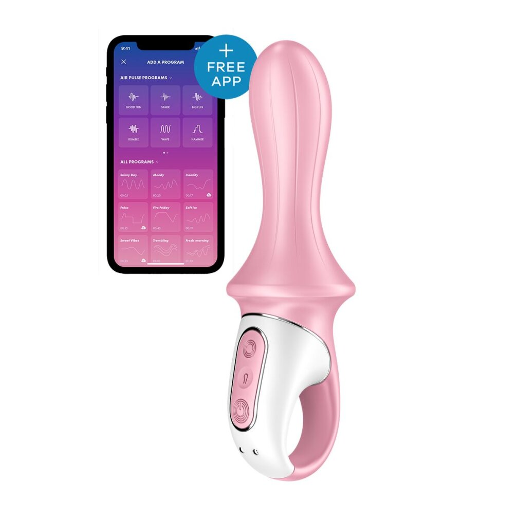 Un juguete sexual rosa con un panel de control y un teléfono mostrando opciones de programa.