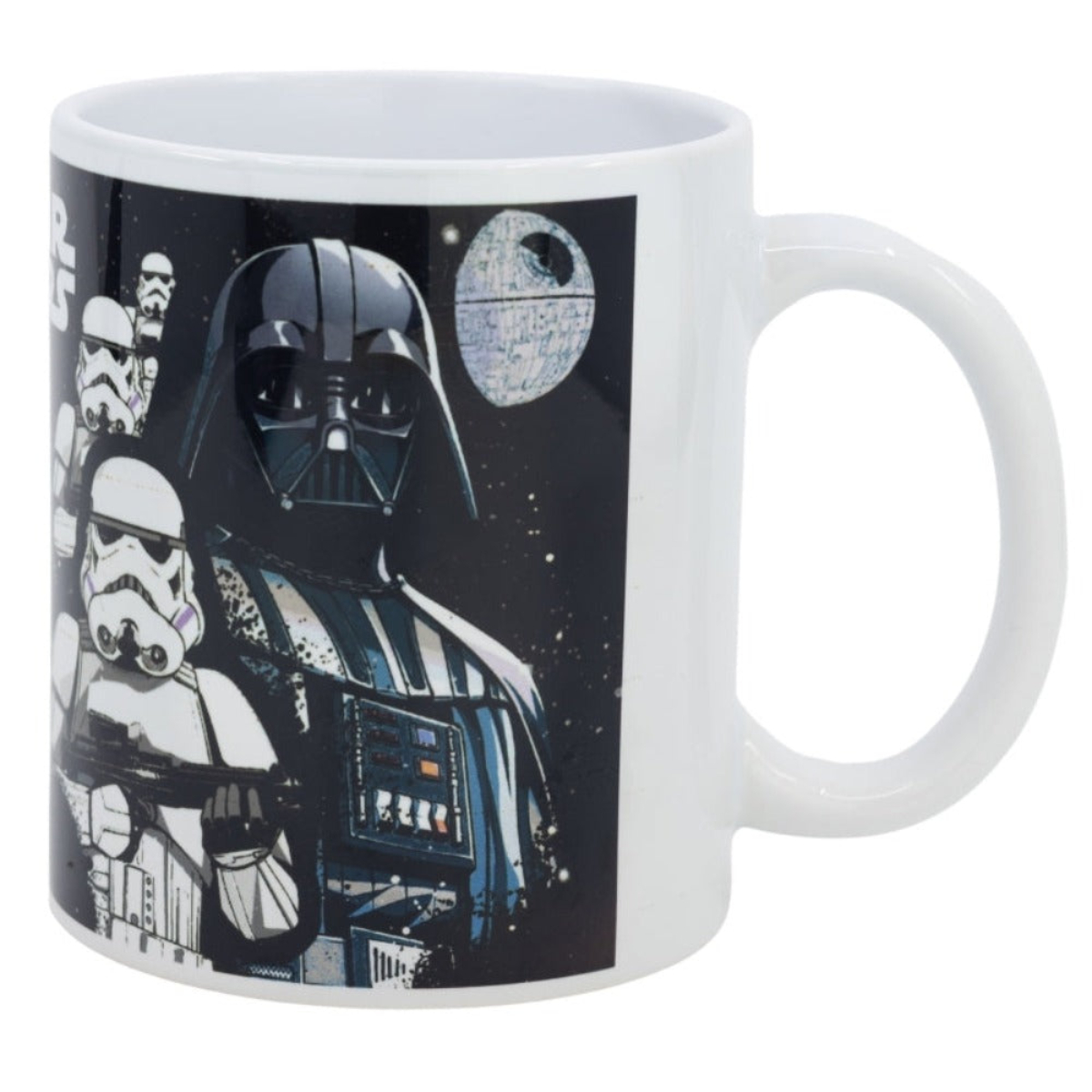 Weißer Becher mit Star Wars-Charakteren, darunter Darth Vader und Sturmtruppen.