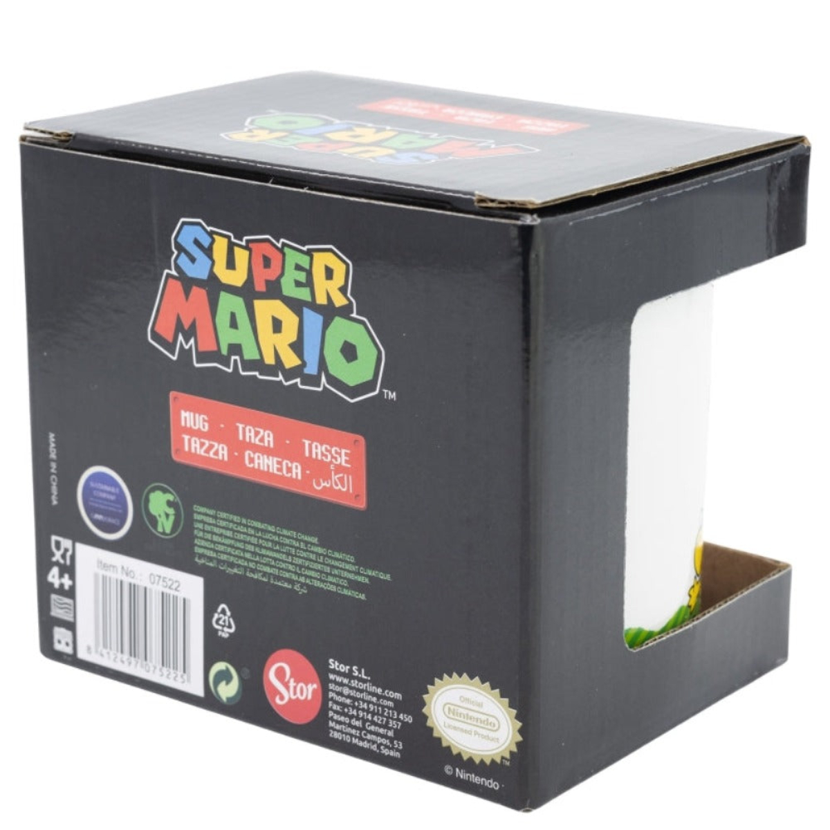 Una caja de taza de Super Mario. La caja es negra y blanca con texto en varios idiomas.