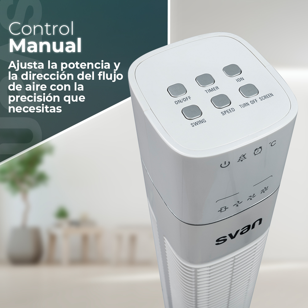 Primer plano del panel de control blanco de un ventilador. Tiene botones, con textos como 'ON/OFF', 'TIMER' y 'SPEED'.