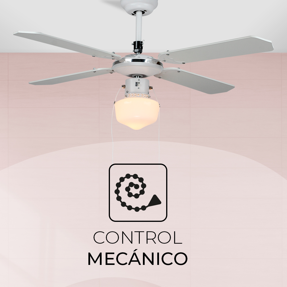Un ventilador de techo blanco con cinco aspas y una luz. Hay un gráfico de mecanismo de control.