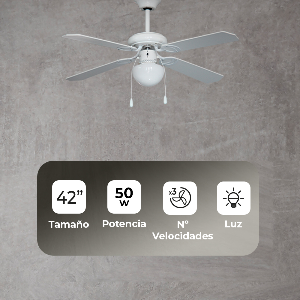 Ventilador de techo blanco colgando del techo. Hay iconos de tamaño, potencia, velocidad y luz debajo del ventilador.
