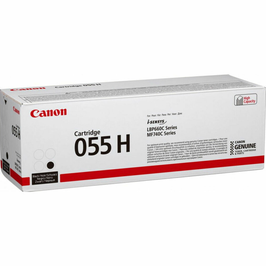Eine Canon Tonerkartuschenbox, 055 H, mit Text und der Kartusche auf weißem Grund.