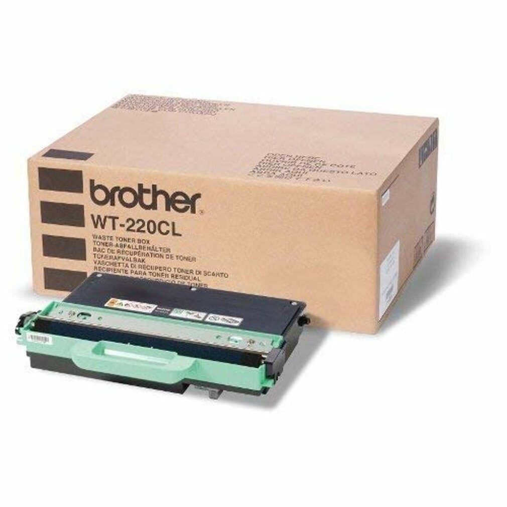 Una scatola toner di scarto WT-220CL e una cartuccia toner, su una superficie bianca.