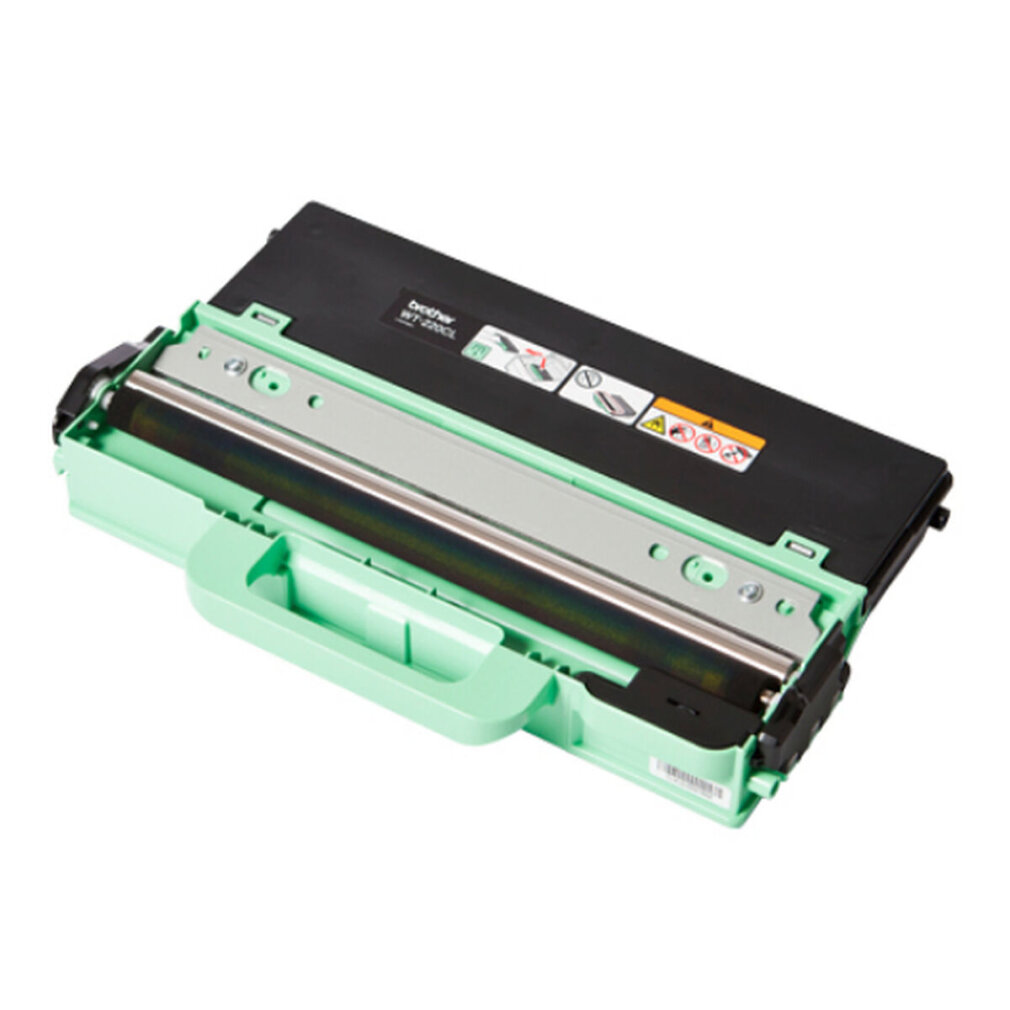 Un'unità toner di scarto, nera e verde, con una maniglia verde e una barra argentata.