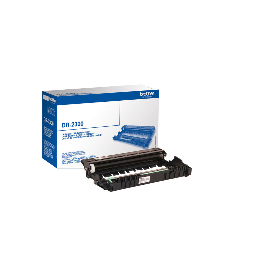 Eine Brother DR-2300 Trommeleinheit und ihre Box mit gedruckten Informationen auf weißem Grund.