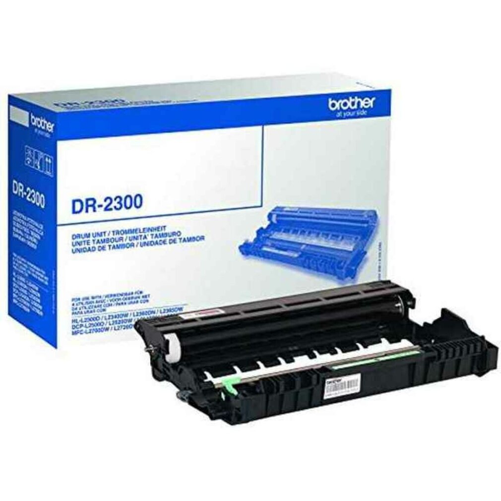Eine DR-2300 Trommeleinheit mit der Box dahinter auf weißem Untergrund.