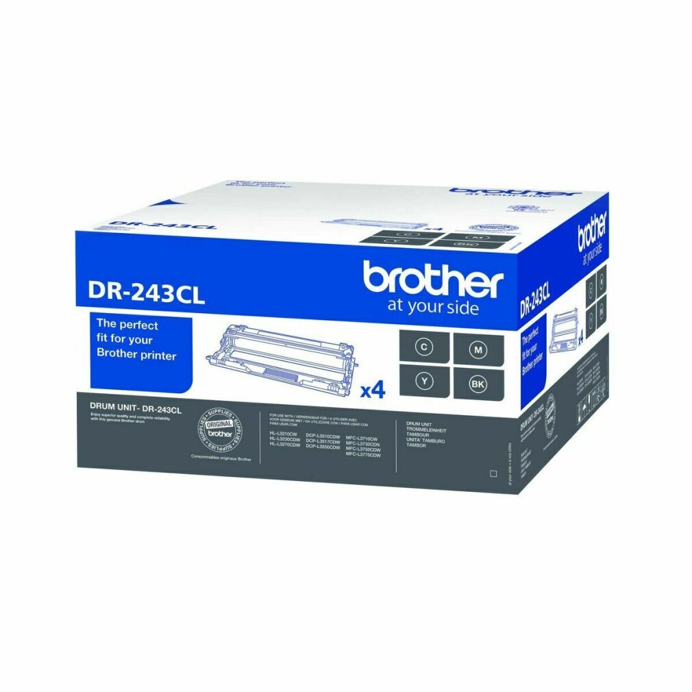 Eine weiße Box mit dem Brother-Logo und 'DR-243CL'-Aufdruck, die Druckerzubehör enthält.