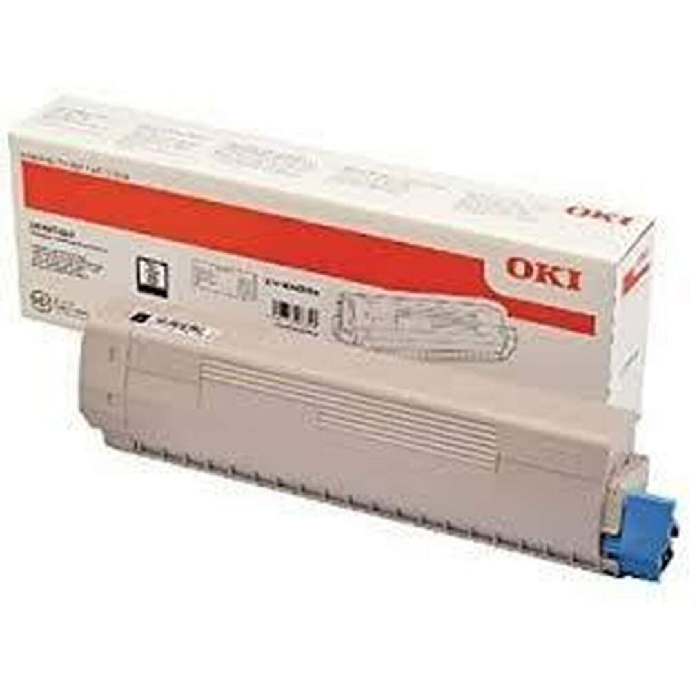 Een OKI tonercartridge en de doos, met een rode streep, op een witte ondergrond.