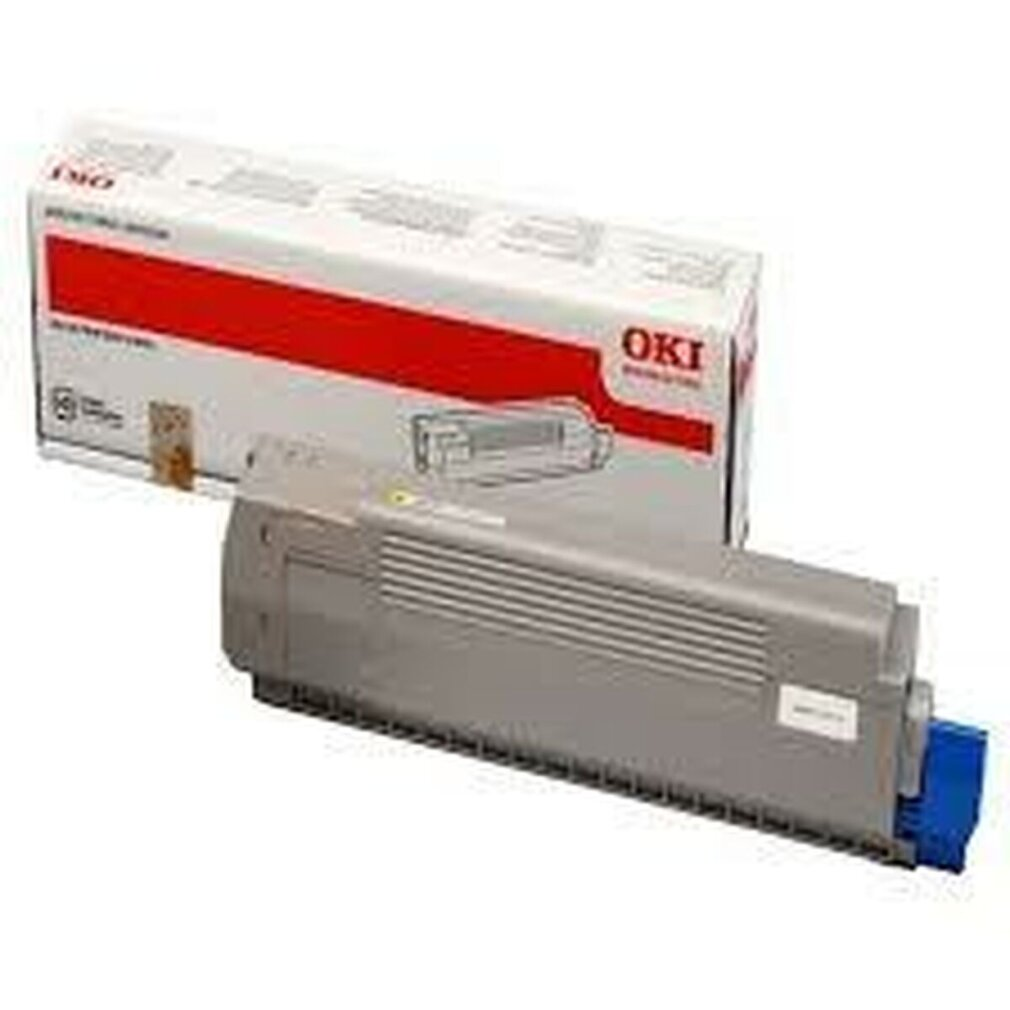 Een OKI tonercartridge en de doos, met een rode streep, op een witte ondergrond.