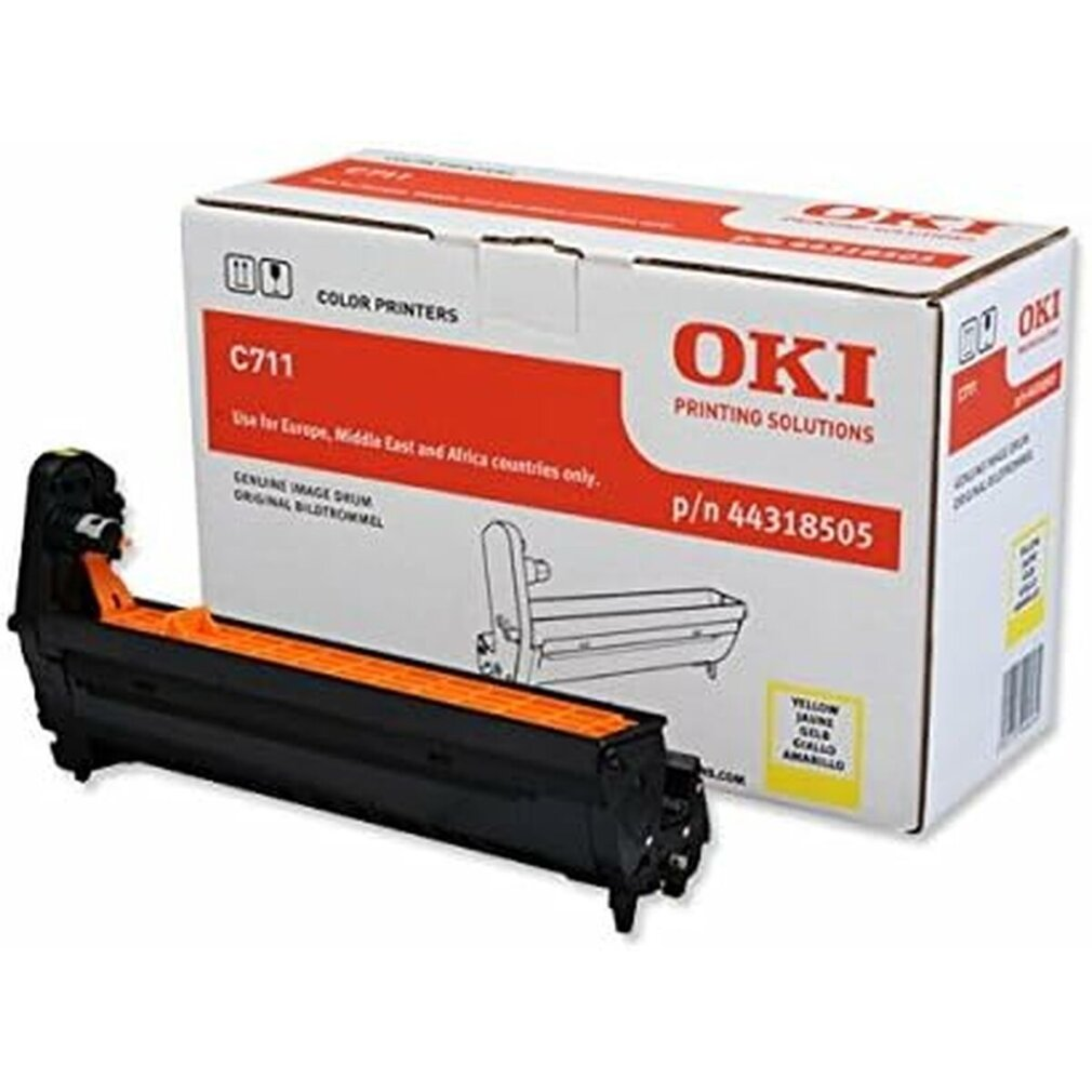 Una cartuccia toner OKI C711 e la sua scatola, con un tamburo arancione, isolata su bianco.
