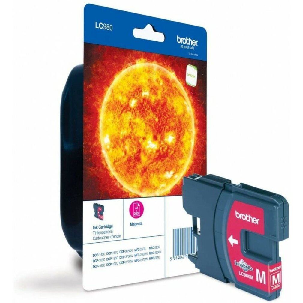 Opakowanie wkładu atramentowego z grafiką słońca i magenta wkładem atramentowym, odizolowane.