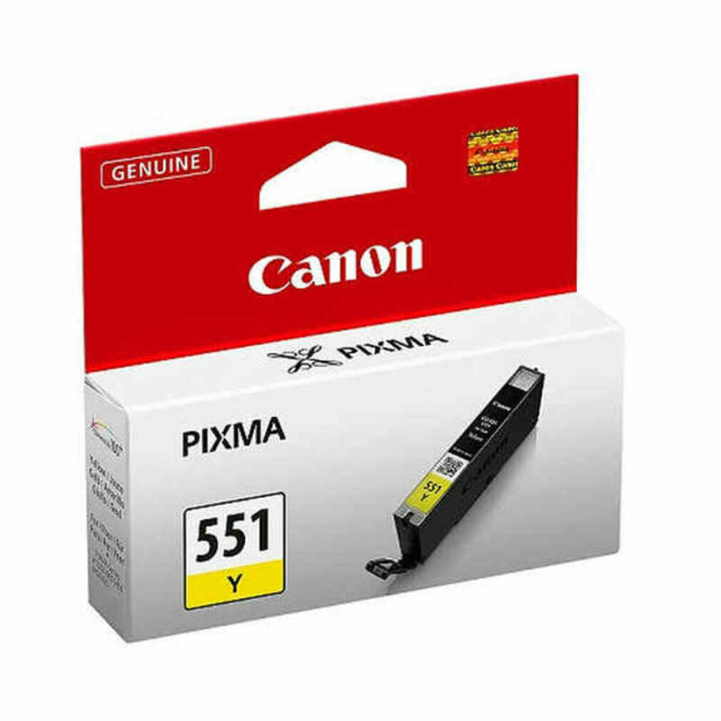 Een Canon Pixma 551Y inktcartridge en de verpakking, met een rode bovenkant en witte doos.