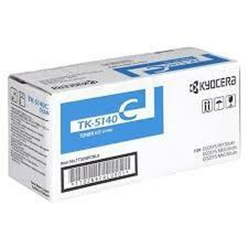 Boîte de toner Kyocera, blanche avec détails bleus. Code-barres et infos visibles.
