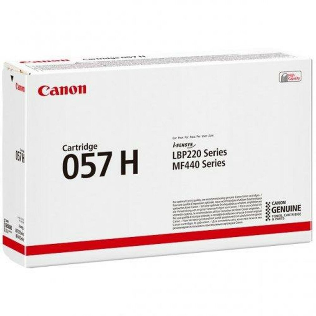 Pudełko z tonerem Canon Cartridge 057H, białe z czerwoną górą, na białej powierzchni.