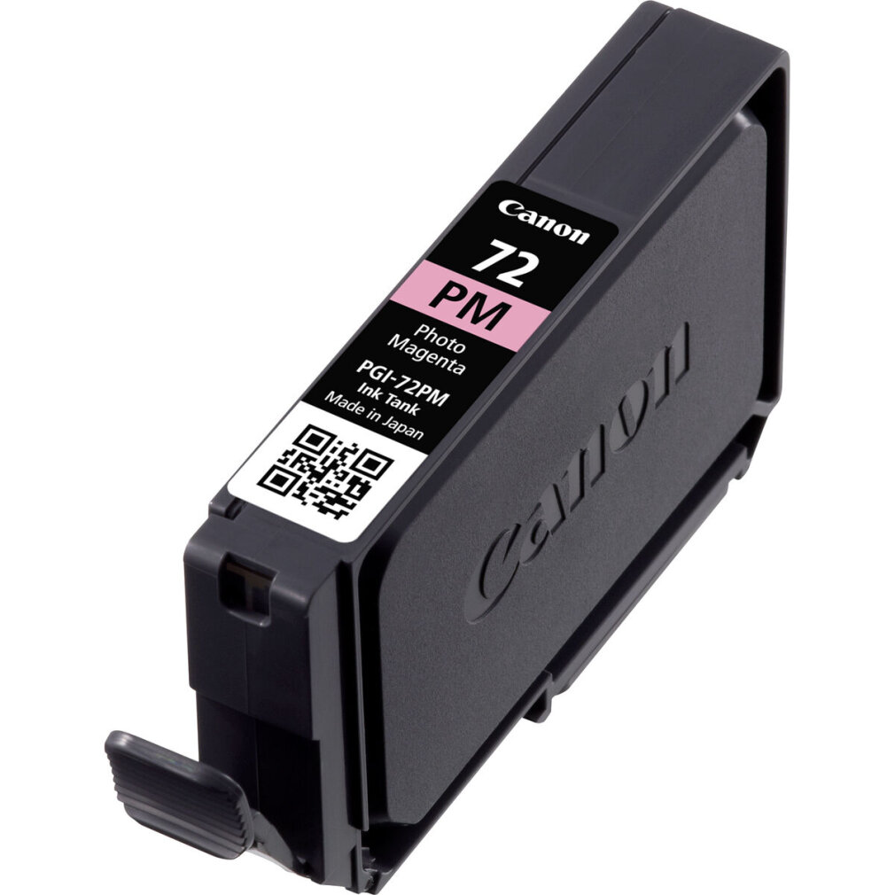 Canon inktcartridge, zwart en roze. De cartridge heeft product- en QR-code labels.