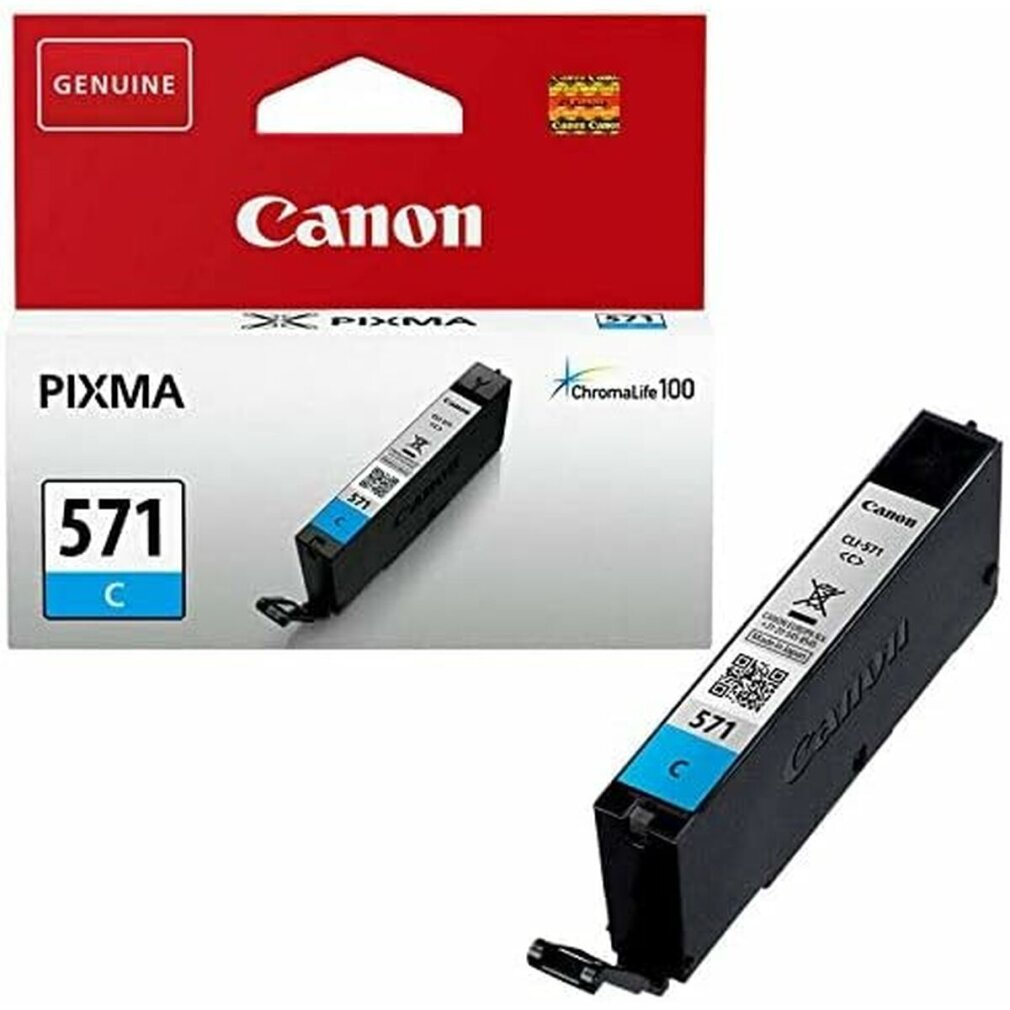 Canon Pixma 571 inktcartridges, cyaan kleur. Rode doos met Canon logo. Twee cartridges zichtbaar.