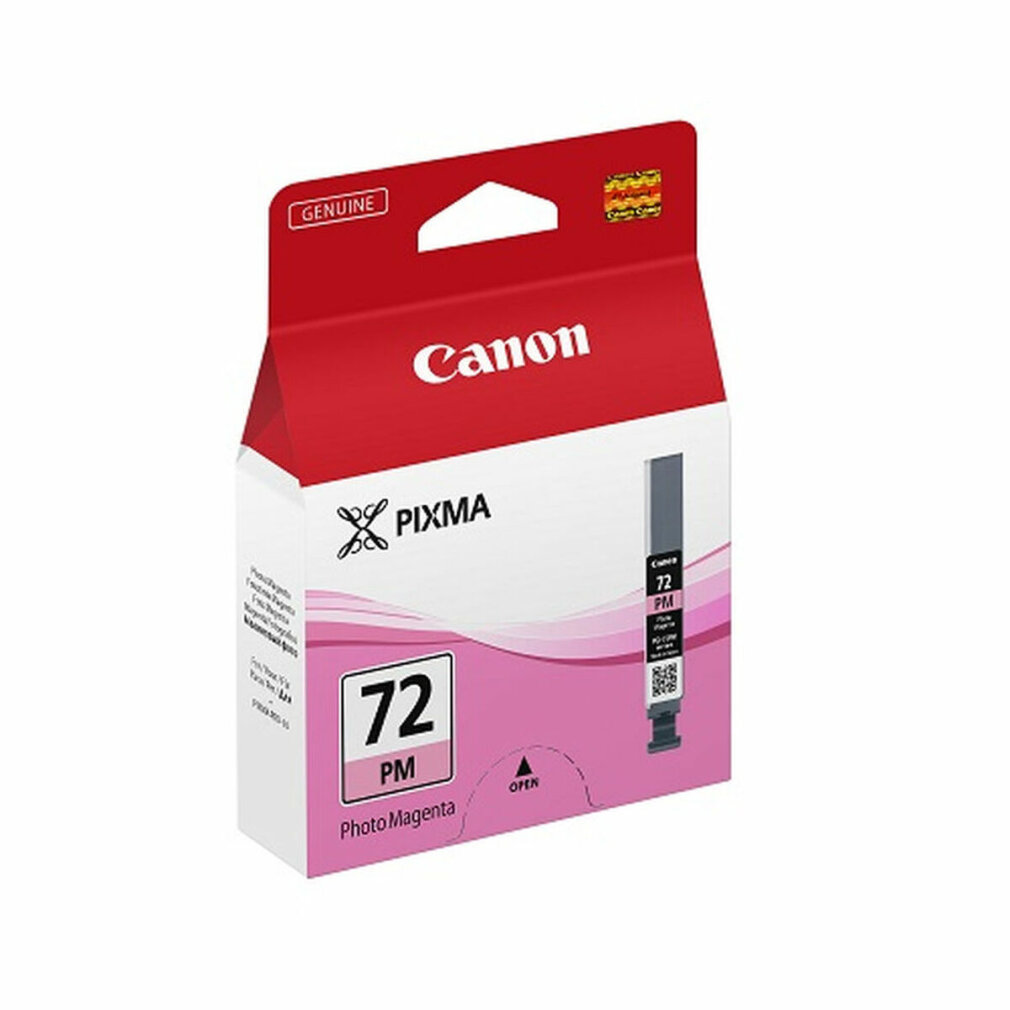Canon Pixma 72 PM inktcartridge doos. De doos is rood en roze. De cartridge is zwart en roze.