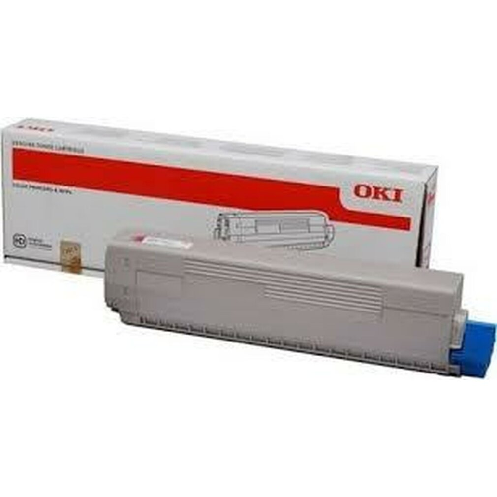 OKI tonercartridge en doos. De doos is wit en rood. De toner is grijs met een blauwe connector.
