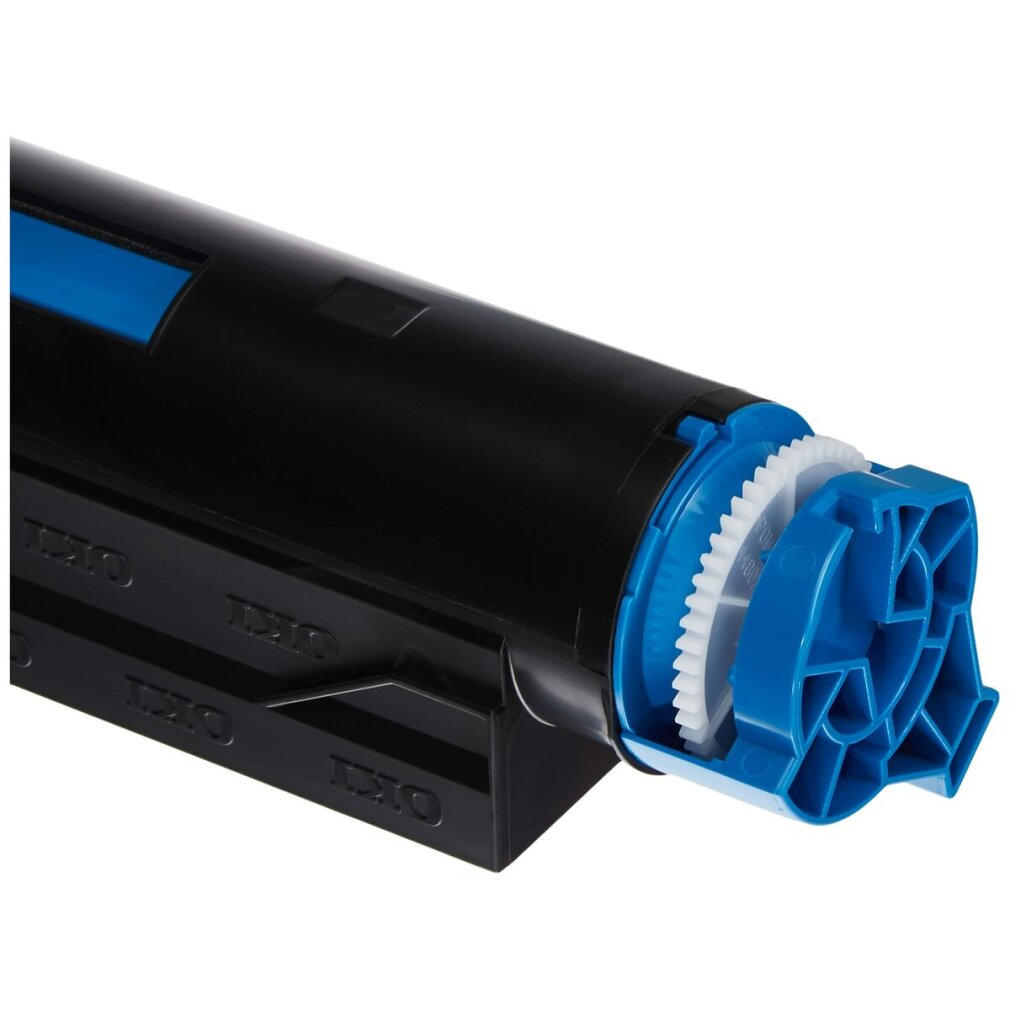 Nahaufnahme einer schwarzen Tonerkartusche mit blauem und weißem Getriebe. Das Gerät ist für einen Drucker.