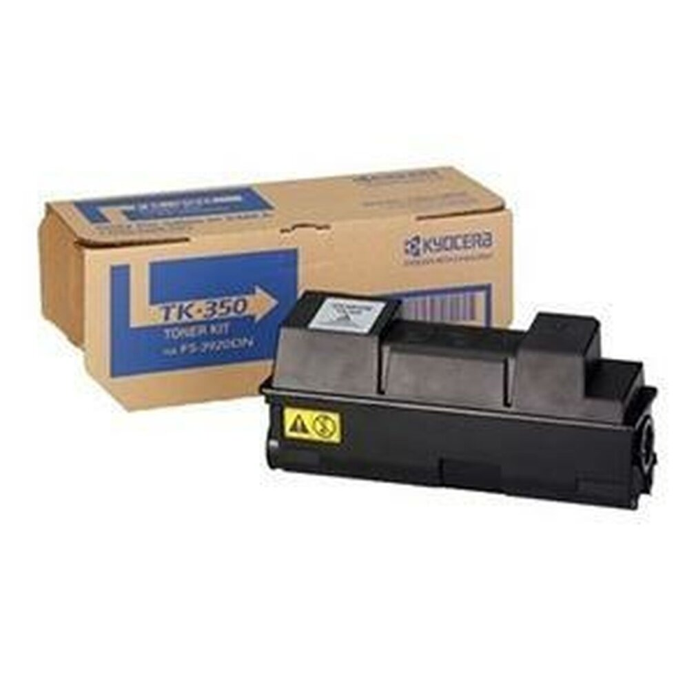 Scatola e cartuccia del kit toner Kyocera TK-350. La scatola è blu e marrone, la cartuccia è nera. Sfondo bianco.