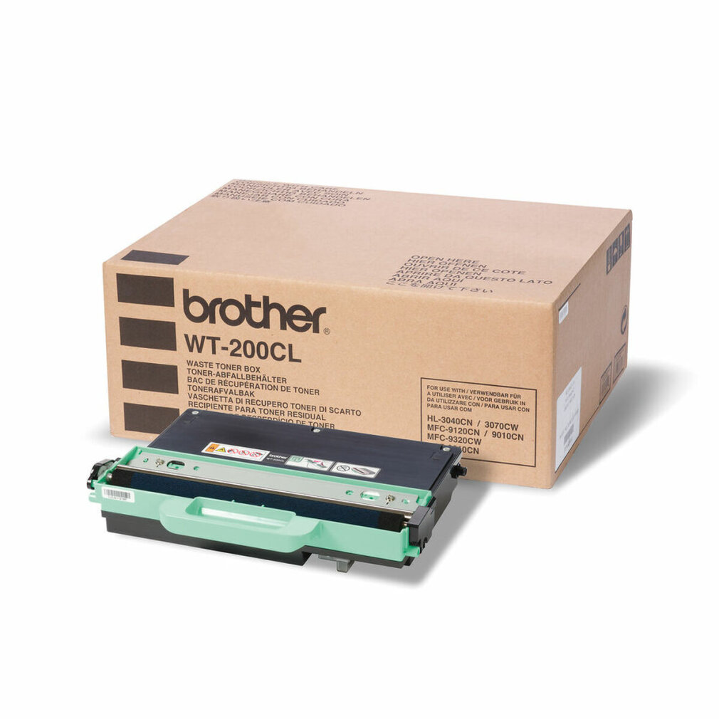 Scatola e cartuccia toner di scarto Brother WT-200CL. Scatola marrone, cartuccia nera e verde. Sfondo bianco.