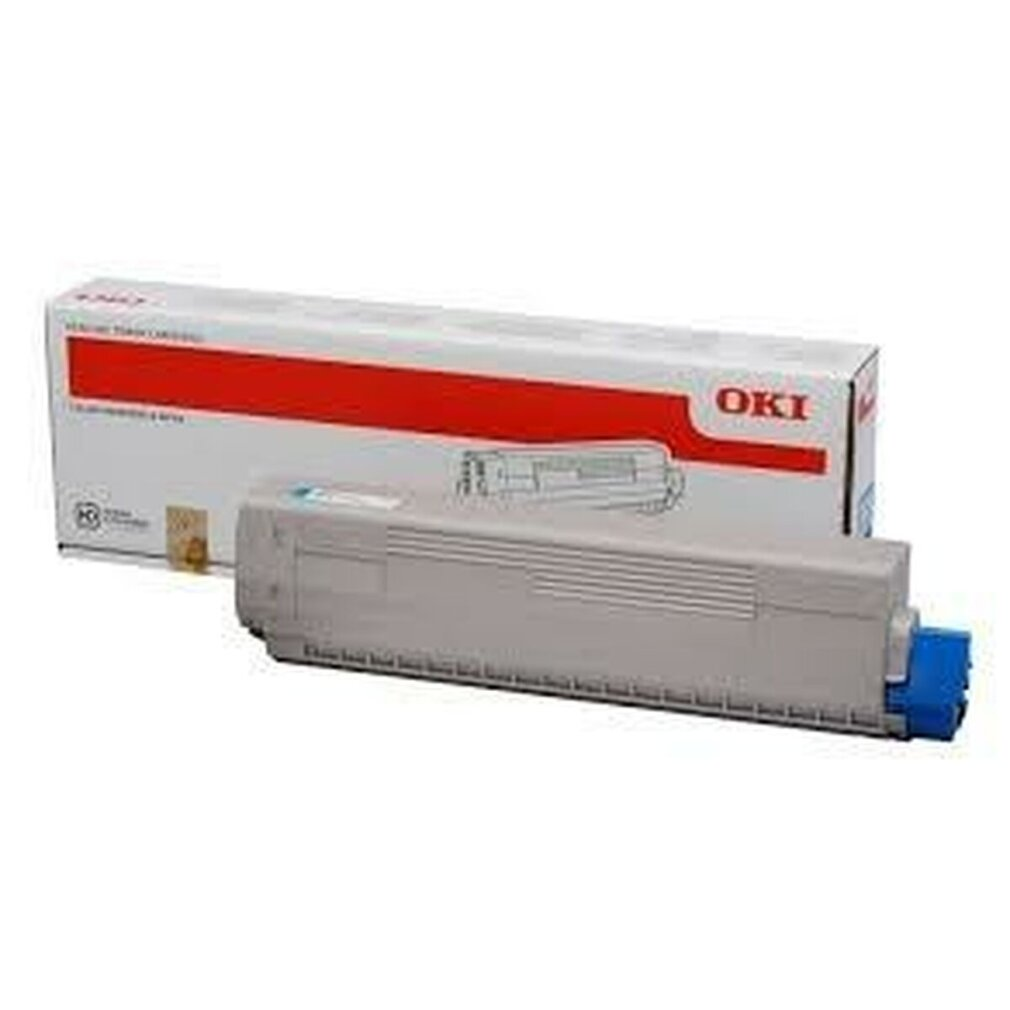 OKI tonercartridge. Grijs en blauwe plastic cartridge. Wit en blauw label. Witte achtergrond.