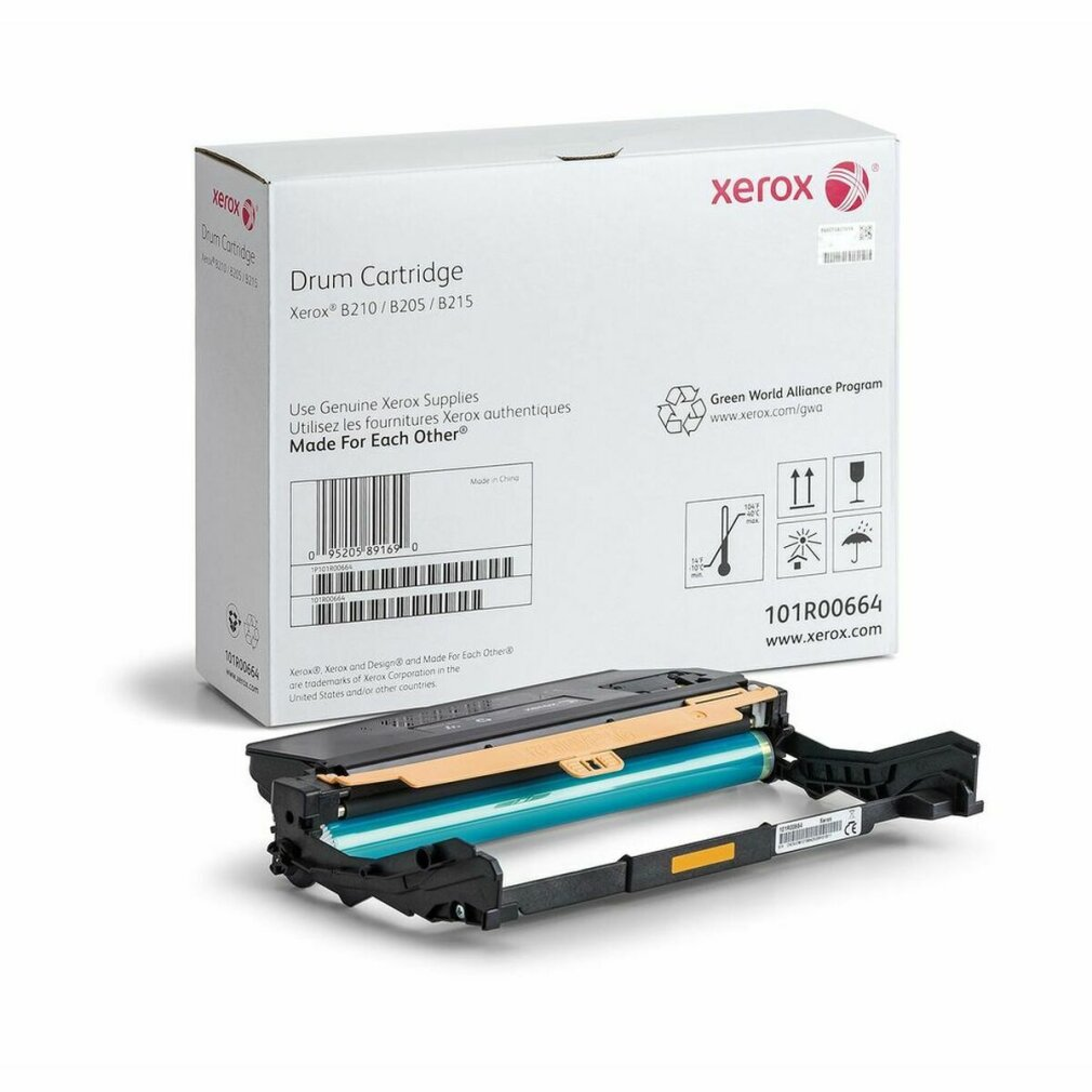 Scatola e cartuccia tamburo Xerox. La scatola è bianca e nera, la cartuccia è blu e nera. Sfondo bianco.