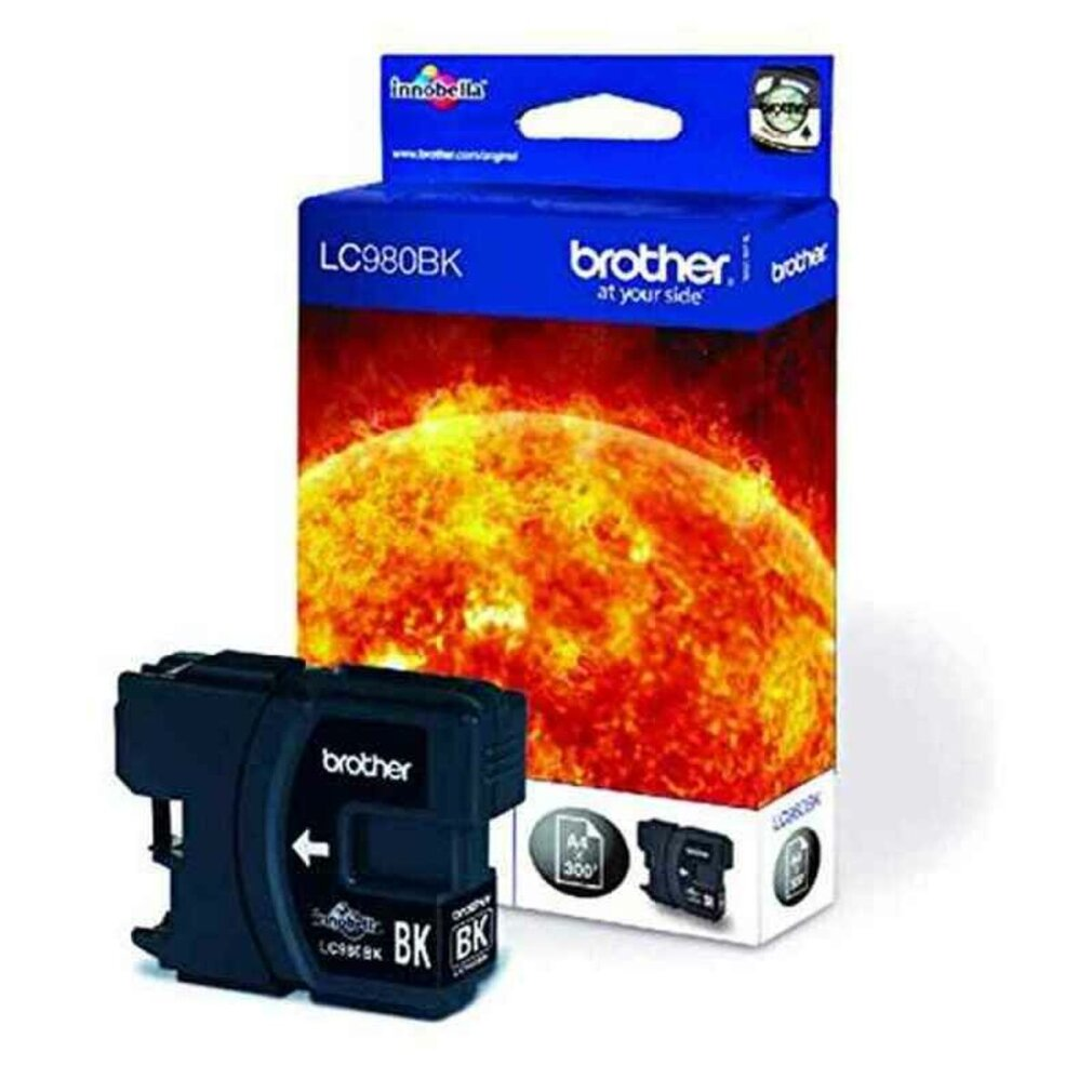 Une cartouche d'encre noire Brother LC980BK et son emballage. L'emballage montre une image de soleil.