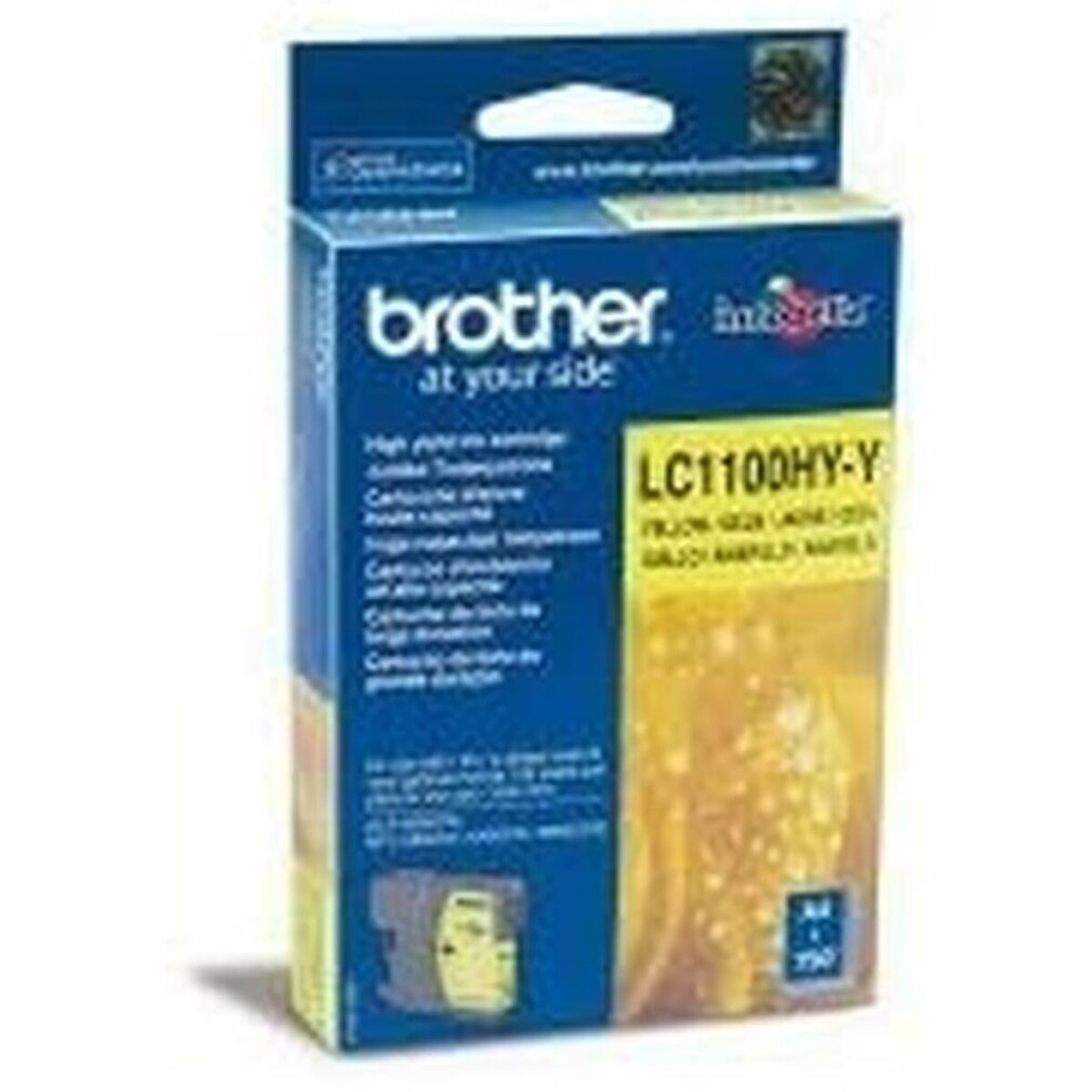 Blue box of yellow ink for a printer. The box says Brother and LC1100HY-Y.