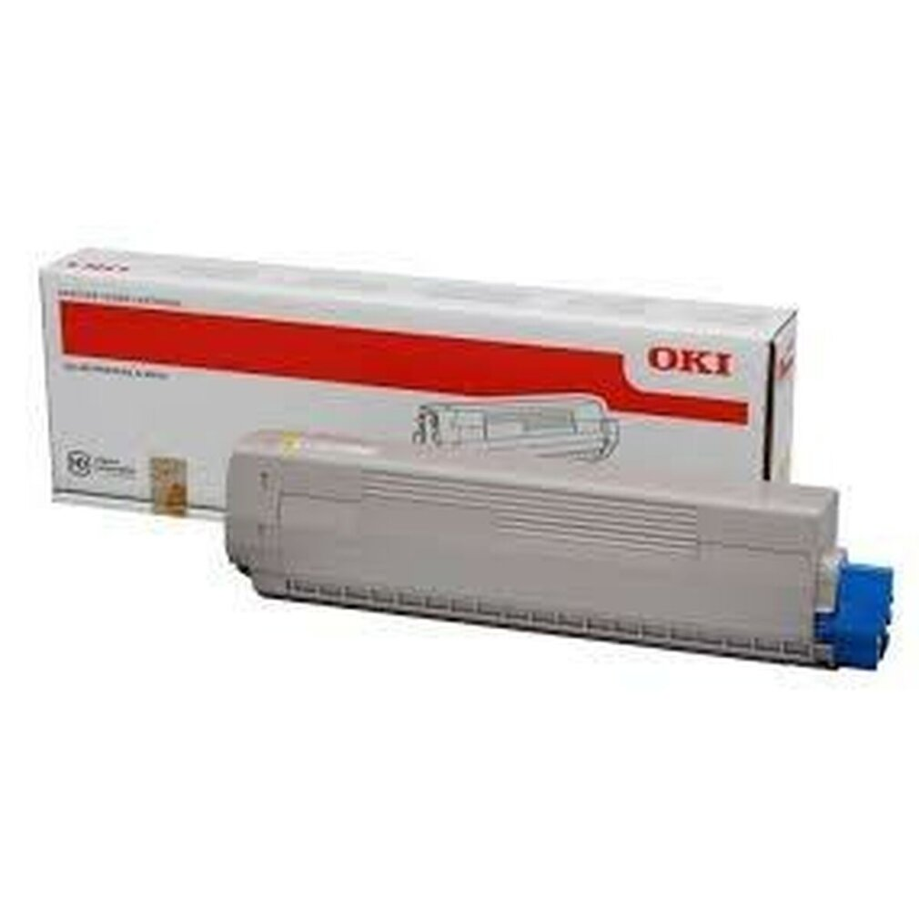 Grijze tonercartridge met een Oki label en een wit en rode doos.