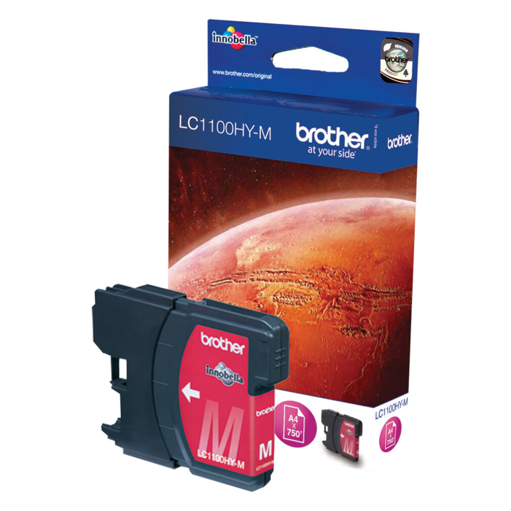 Brother LC1100HY-M magenta ink cartridge and its box with a planet-like background.