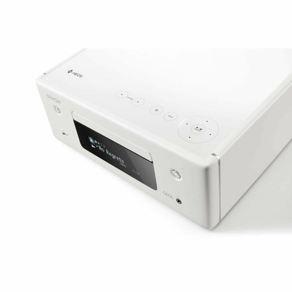 A white Denon CEOL music player. It has a screen showing 'No Regrets' and buttons for control.
