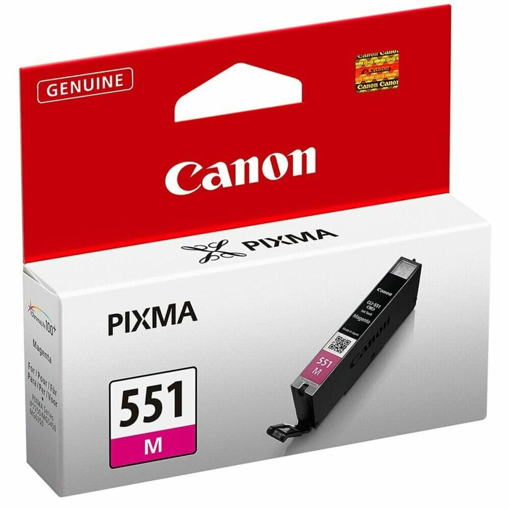 Canon Pixma mürekkep kartuş kutusu, macenta 551M. Canon logosu olan kırmızı ve beyaz kutu.