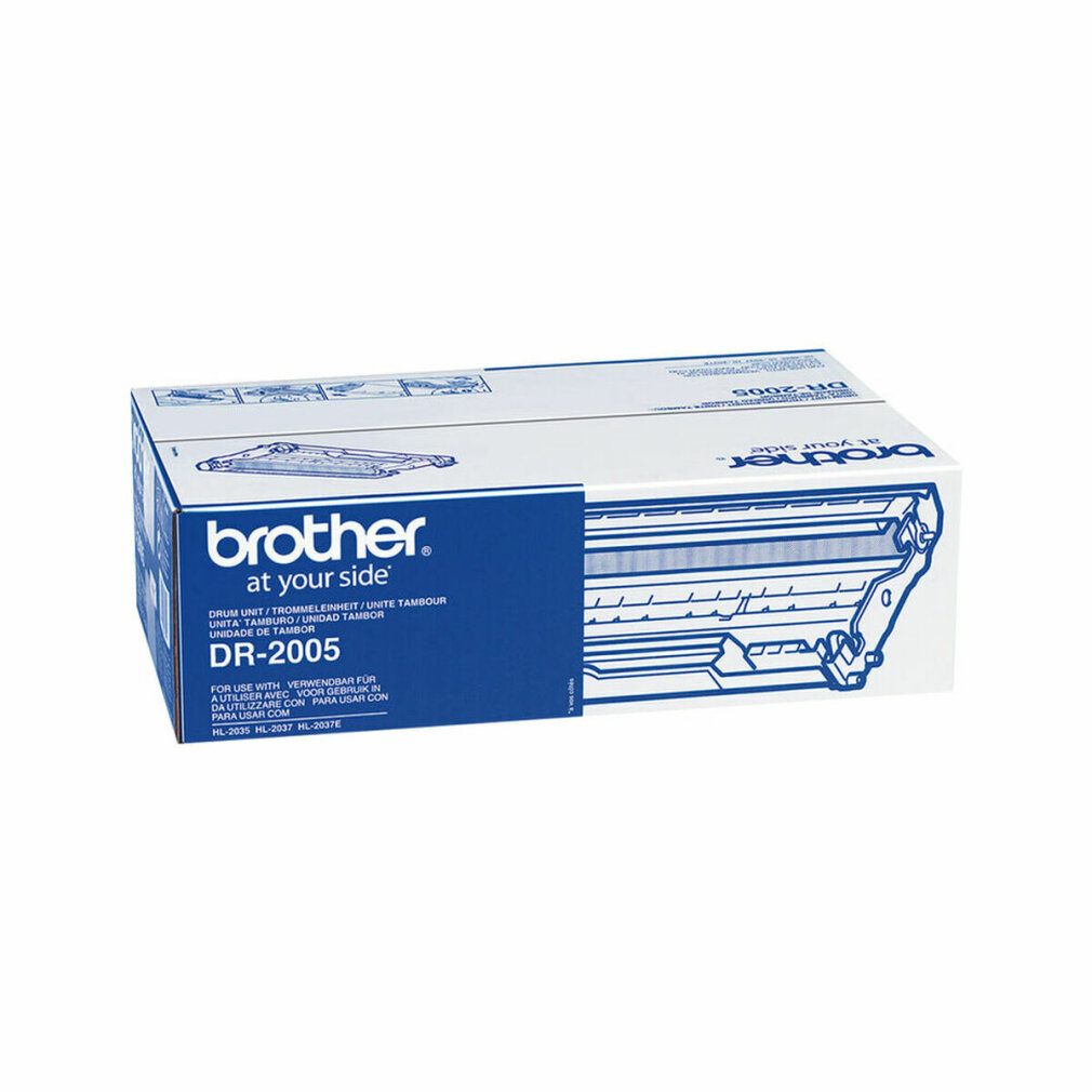 Weiße und blaue Brother DR-2005 Trommeleinheit-Box. Mit dem Brother-Logo und Produktinformationen.