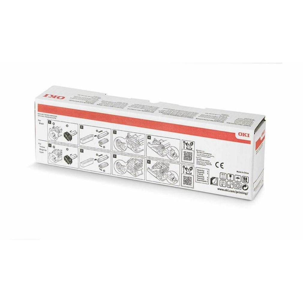 Pudełko z wkładem do drukarki OKI ze schematami i instrukcjami. Pudełko jest białe z czerwonymi i czarnymi detalami.