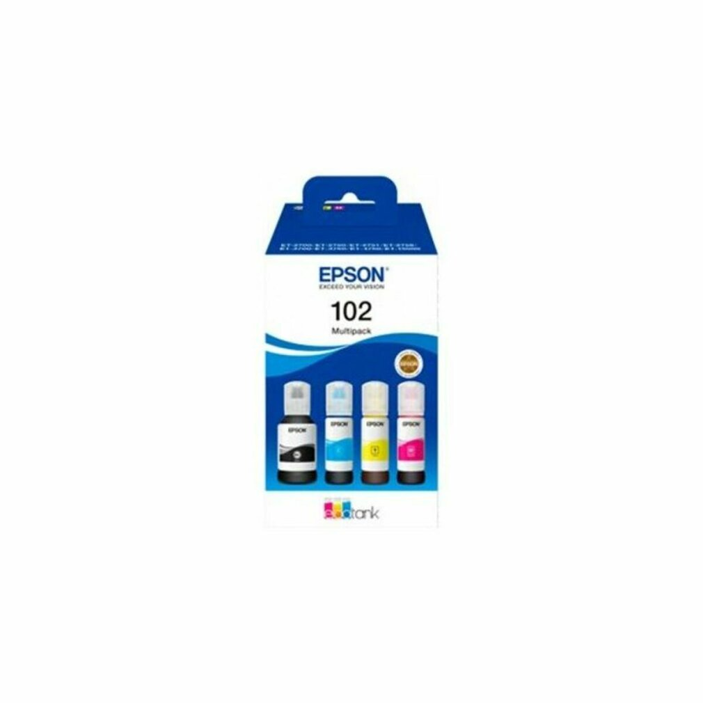 Butelki z tuszem Epson 102 Multipack w pudełku. Pudełko zawiera cztery butelki: czarny, cyjanowy, żółty i magenta.